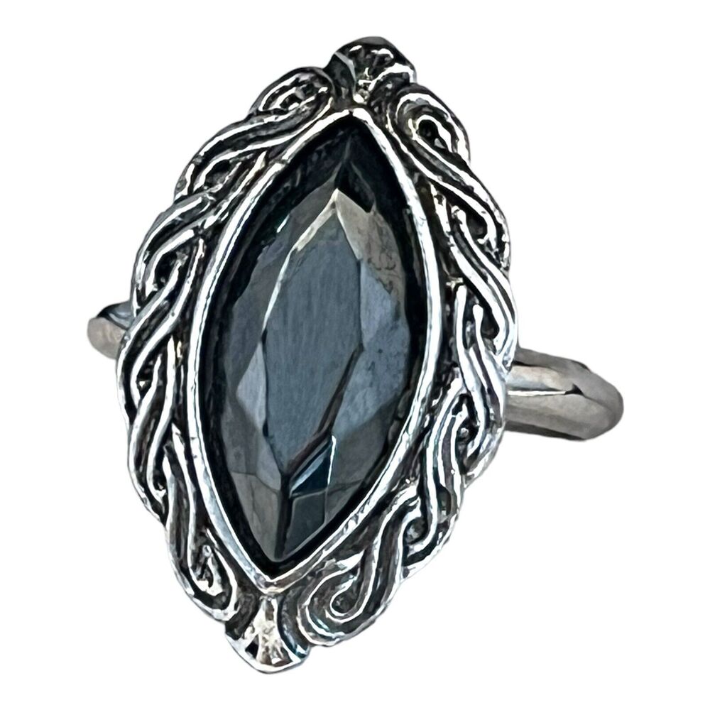 Vintage 1970s Avon Marquise Ring Ornate Silver Tone Size 5.5 Adjustable - 5C